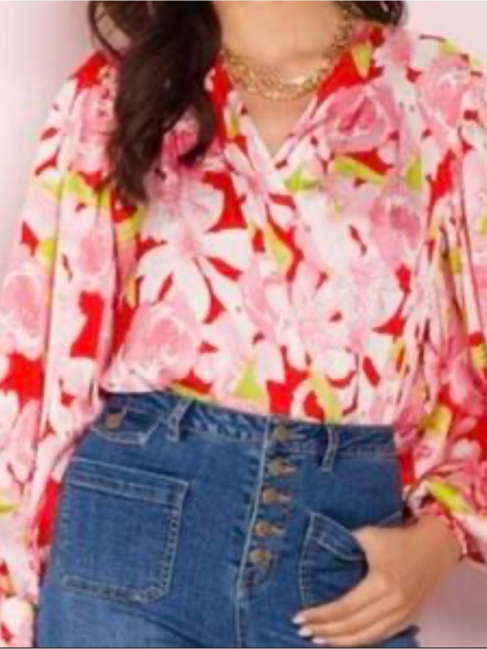 NWT Floral Deep V Neck Bodysuit Big Sleeve Floral Women’s Size XL Pink Red